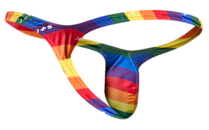 Rainbow-striped men’s gloss finish bulge thong with stretchy fabric and j+s branding on waistband from Justin+Simon