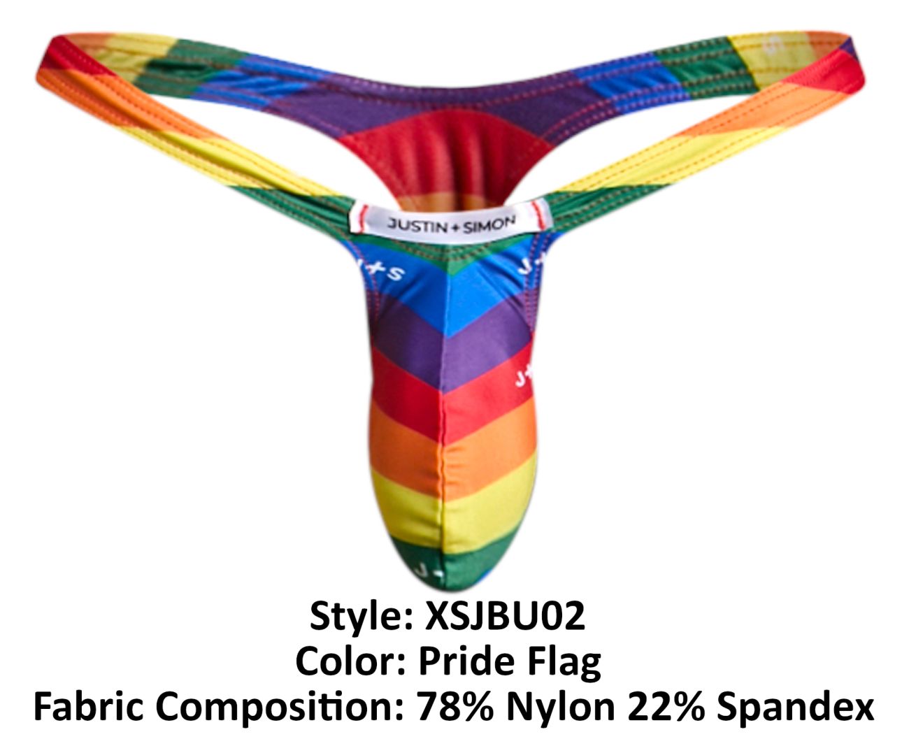 Justin Simon xsjbu02 bulge thong in pride flag colors made from 78 nylon and 22 spandex fabric