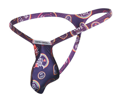 Purple and black patterned men’s thong with rainbow pride designs and justin + simon label for bulge support