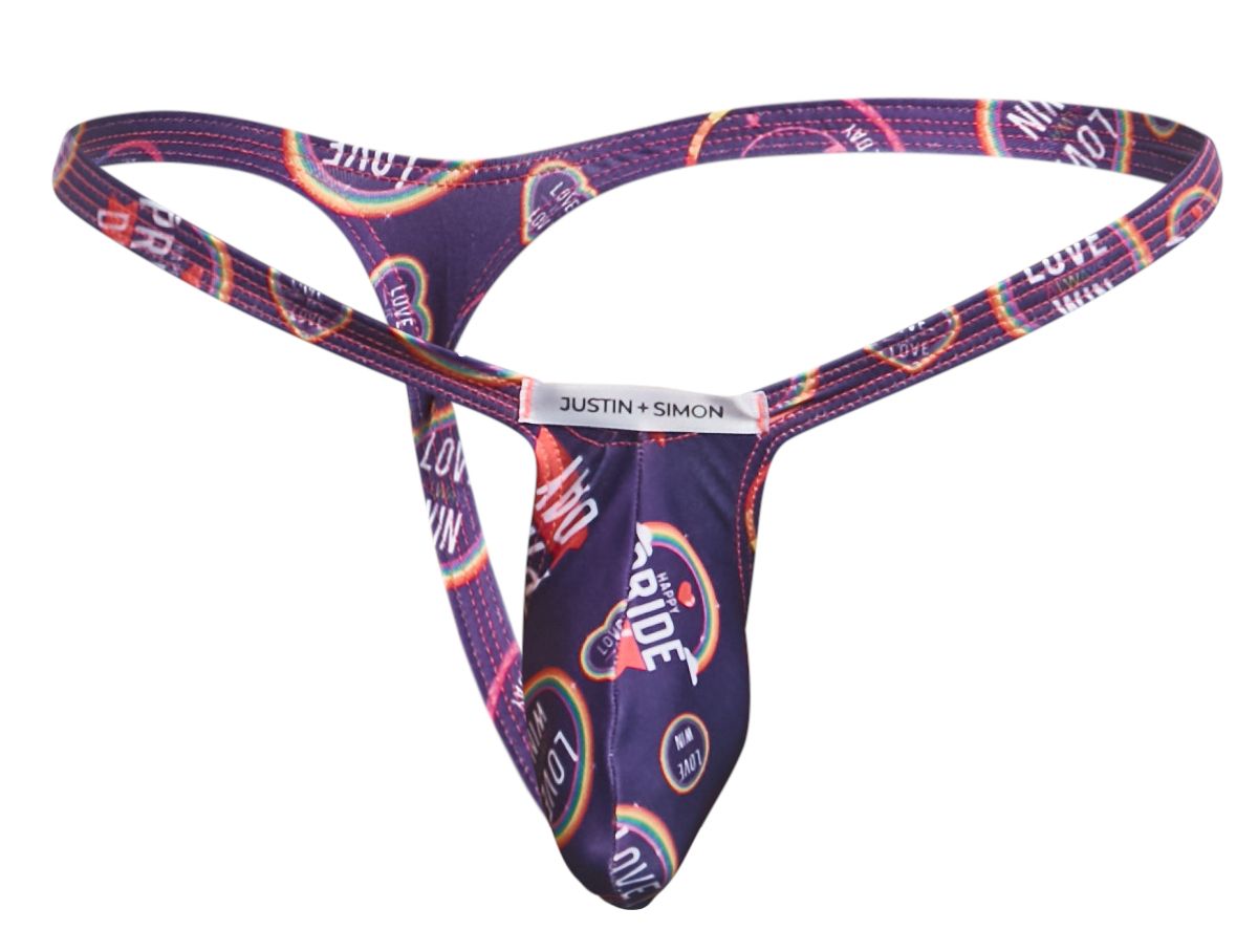 Purple justin simon bulge thong with rainbow love pattern and white brand tag for pride color celebration