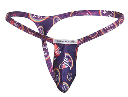 Purple justin simon bulge thong with rainbow love pattern and white brand tag for pride color celebration