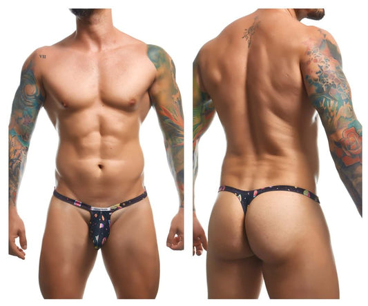Black thong bulge thong with colorful psychedelic floral pattern and small brand logo on waistband by justin simon