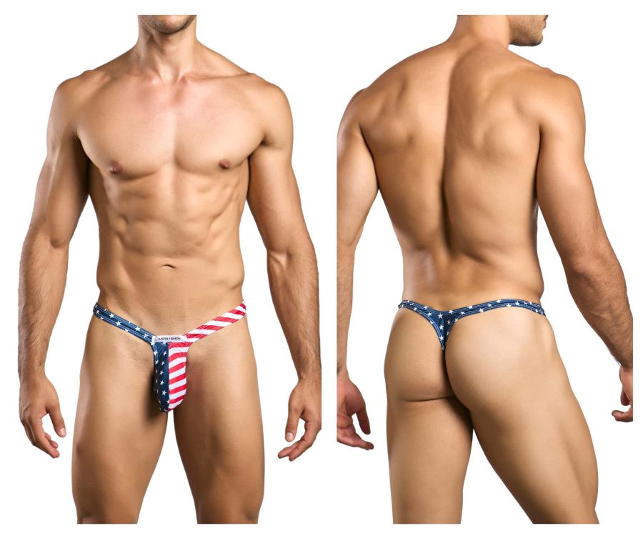 Justin Simon XSJBU02 bulge thong in american flag colors red white and blue showing the back side of the product