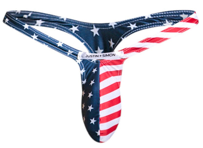 Justin simon american flag-themed bulge thong in red white and blue fabric for bold patriotic style