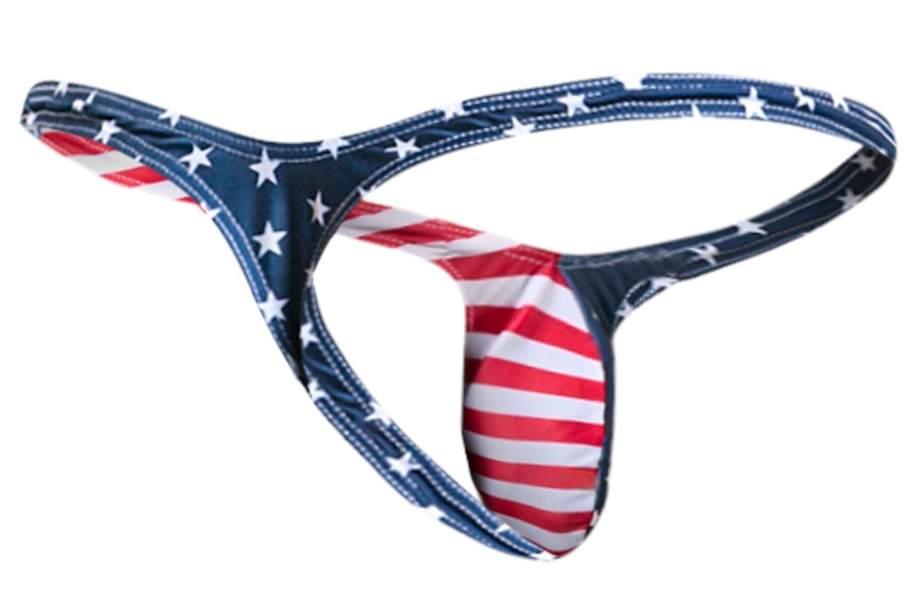 Justin simon xsjbu02 bulge thong in blue red and white usa flag colors with star and stripe pattern