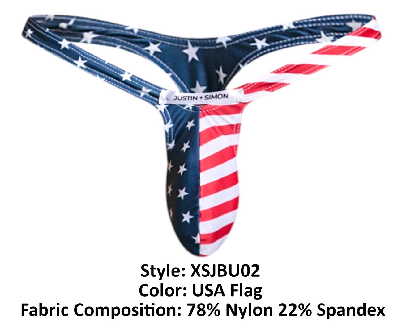 Justin and simon usa flag bulge thong with navy blue stars and red white stripes made of 78% nylon 22% spandex