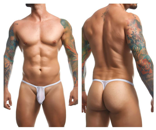 White athletic-cut mesh thong with thin waistband and black arrow logo on front from justin simon xsjbu02 bulge thongs
