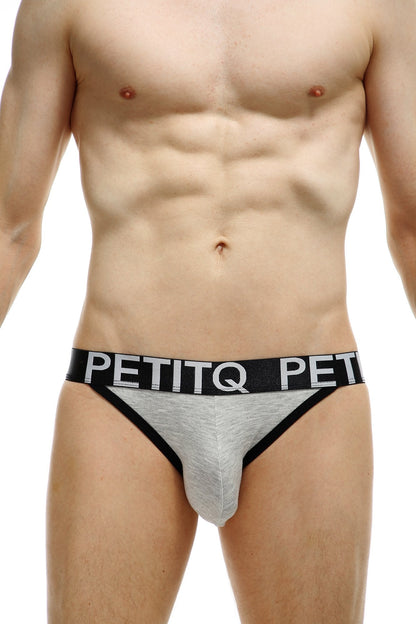 Gray and black petitq men’s briefs with a textured fabric waistband featuring the brand name in white lettering