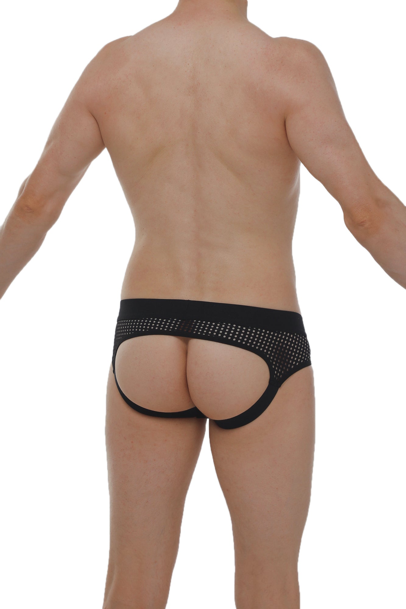Black mesh jockstrap cairanne durtol with perforated design and open back shown from the back side