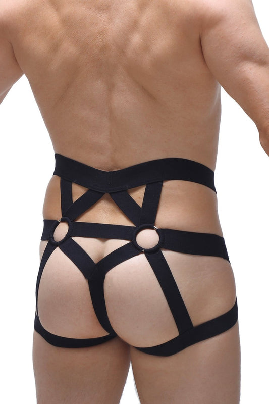 Black elasticated jockstring bustic harness with crisscross straps and circular metal rings for secure fit