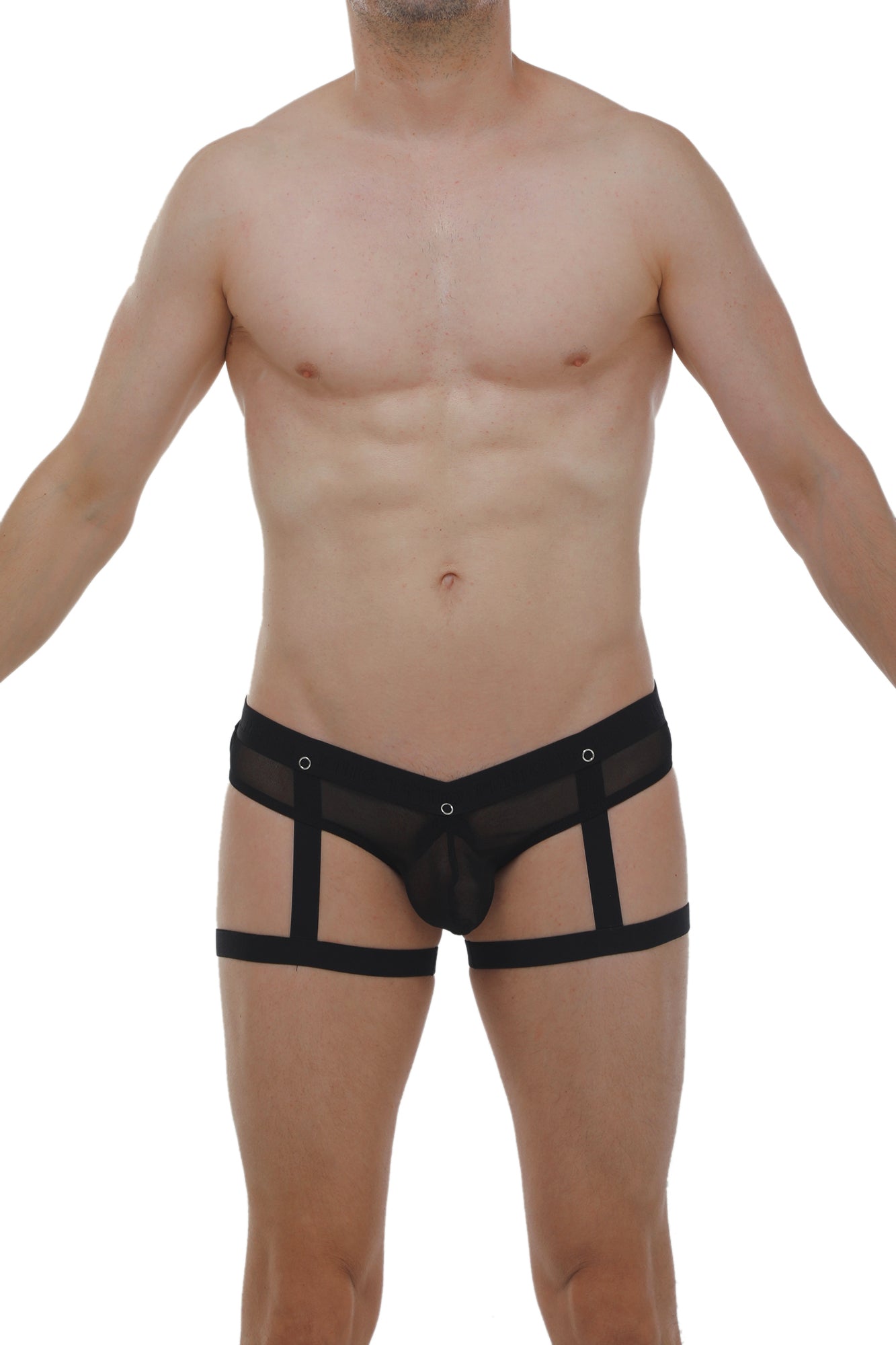 Black mesh jockthong garter briefs with a strappy design and ring detail showing the back side