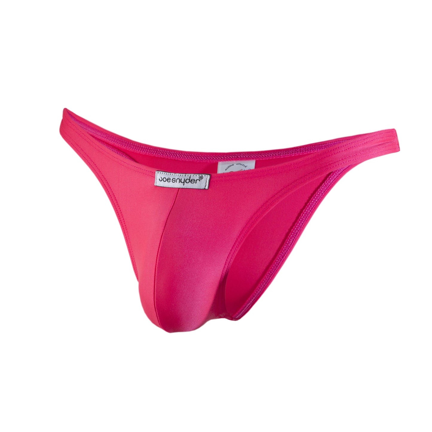 Bright pink joe snyder polyester thong made of smooth stretchy fabric with sleek form-fitting design back view