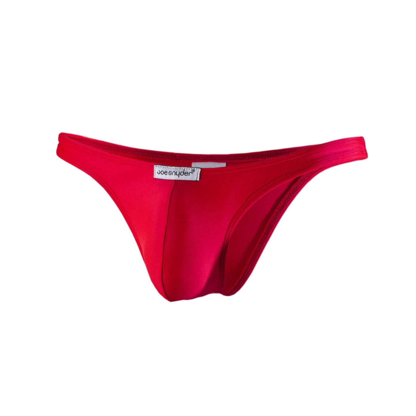 Vibrant red joe snyder thong made of smooth stretchy polyester fabric with sleek minimalist design shown from back
