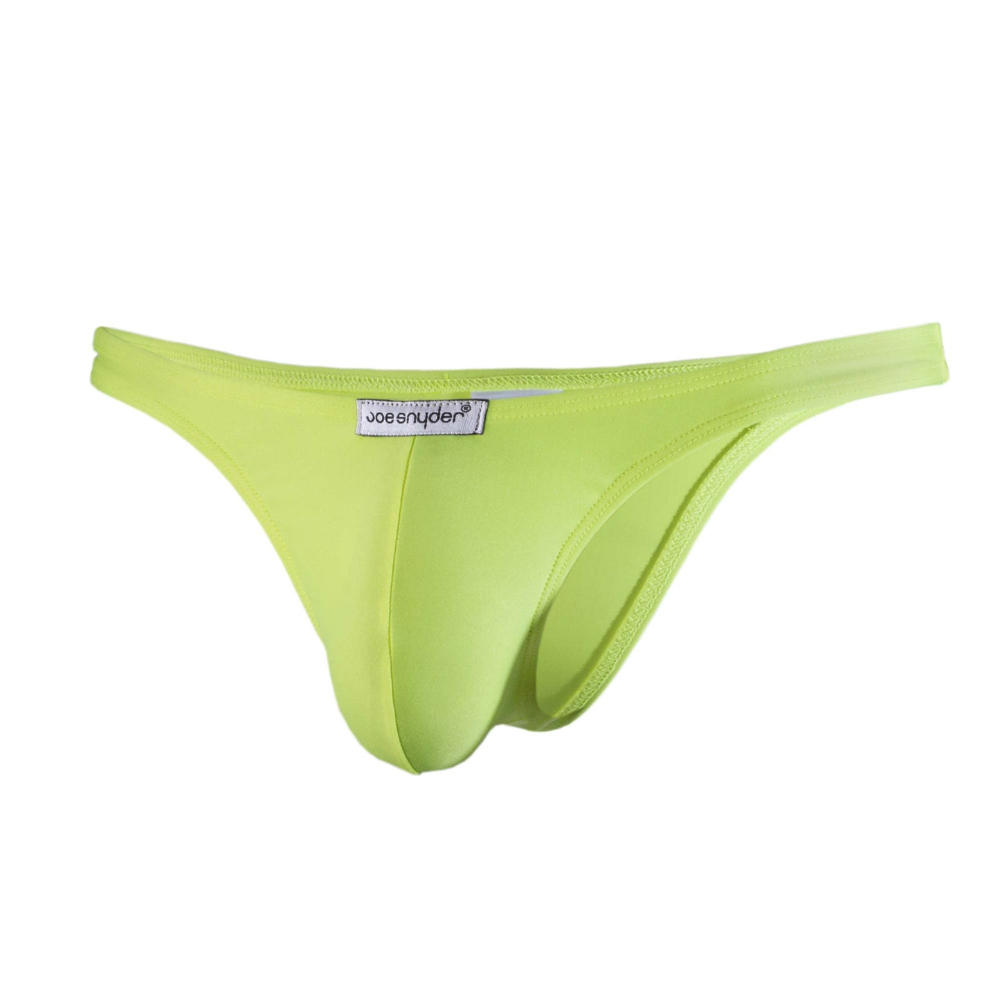 Bright lime green joe snyder thong made of smooth stretchy fabric with a sleek form fitting design shown from the back side