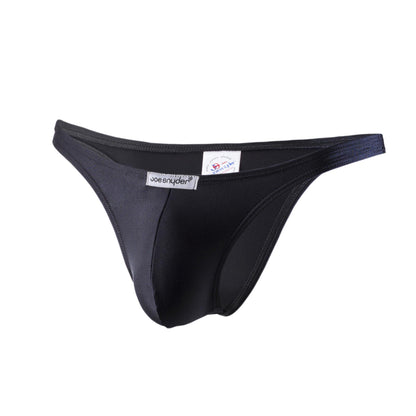 Black joe snyder polyester thong with smooth form-fitting design and elastic waistband shown from the back