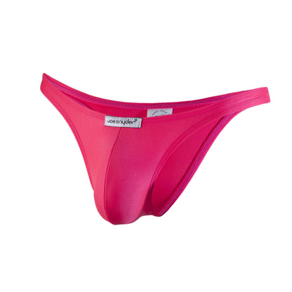 Bright pink joe snyder thong made of smooth stretchy polyester fabric with sleek form fitting design shown from the back