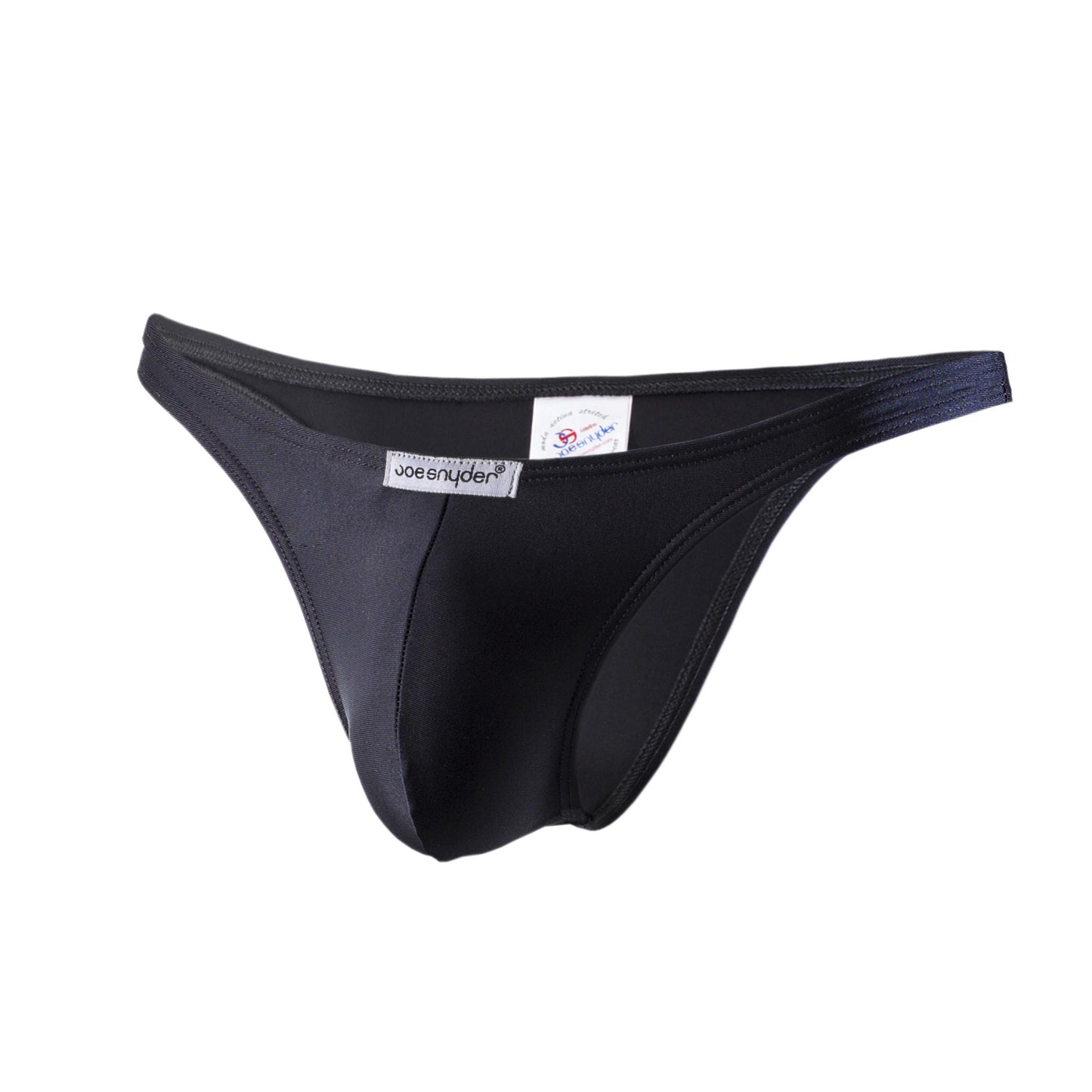 Black joe snyder polyester thong with smooth form fitting design and elastic waistband shown from the back side