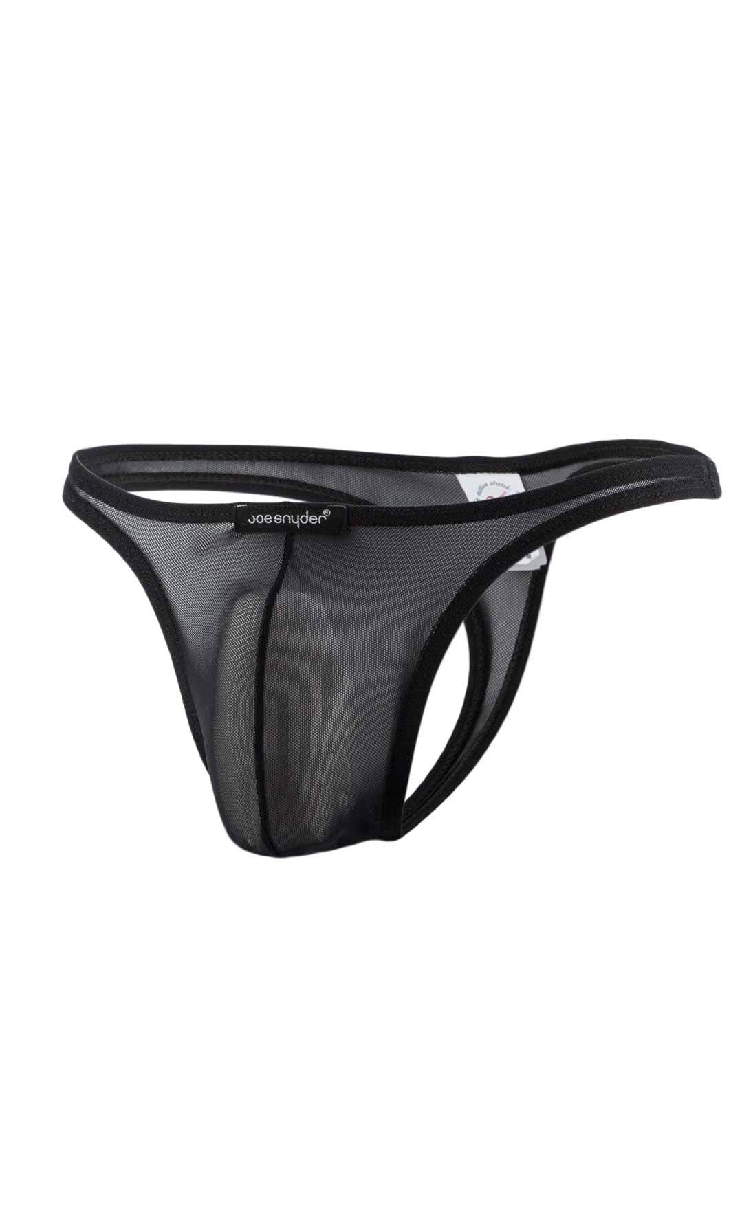 Joe Snyder thong mesh in black with solid black elastic waistband and trim made of breathable mesh fabric
