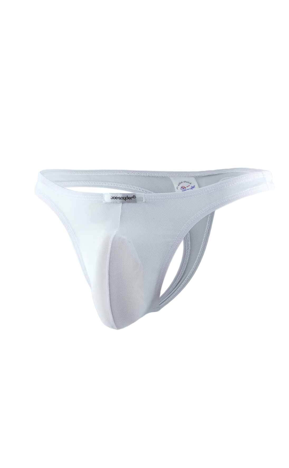 White joe snyder thong mesh with smooth texture supportive design and subtle branding on the waistband
