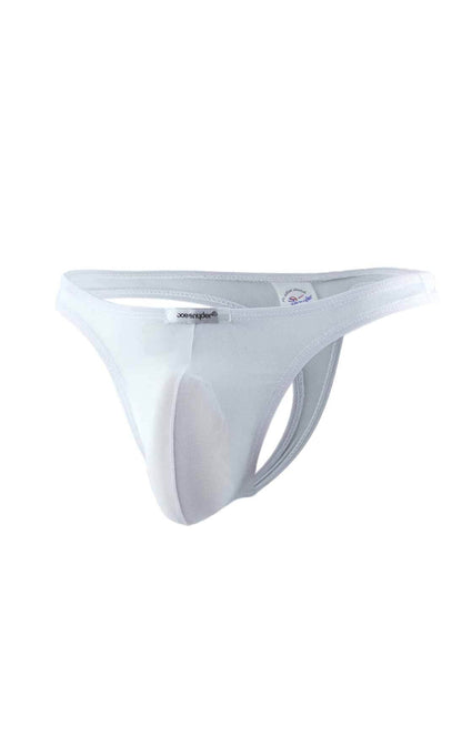 White smooth-textured men’s thong with supportive design mesh material and subtle branding on the waistband joe snyder