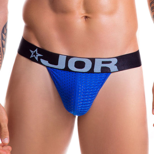 Blue mesh jor cronos jock strap underwear with black waistband royal blue logo and star emblem size l