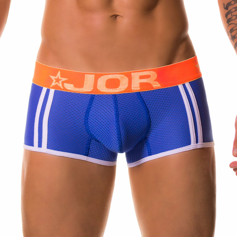 Blue jor ELECTRO boxer underwear with white stripes and orange waistband featuring jor logo in size medium