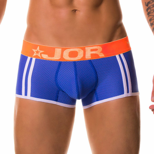Blue jor ELECTRO boxer underwear with white stripes and orange waistband featuring jor logo in size medium