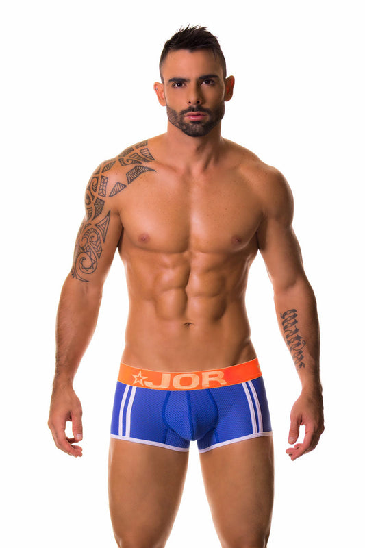 Blue jor electro boxer underwear size M with white stripes and orange waistband designed for comfortable support