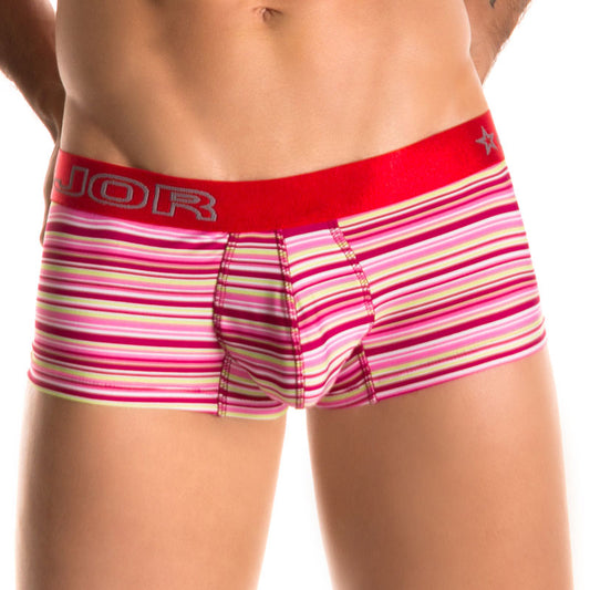Pink and white striped jor lines boxer underwear with red waistband and silver logo in size medium