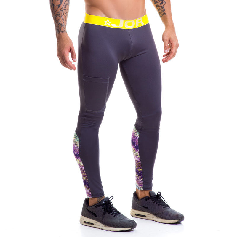 Dark gray jor speed long pants grey 0447 size s leggings with bright yellow waistband and geometric thigh patterns