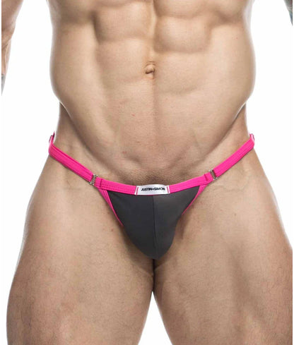 Bright pink and black thong bikini with branded label by justin plus simon shown from the back side