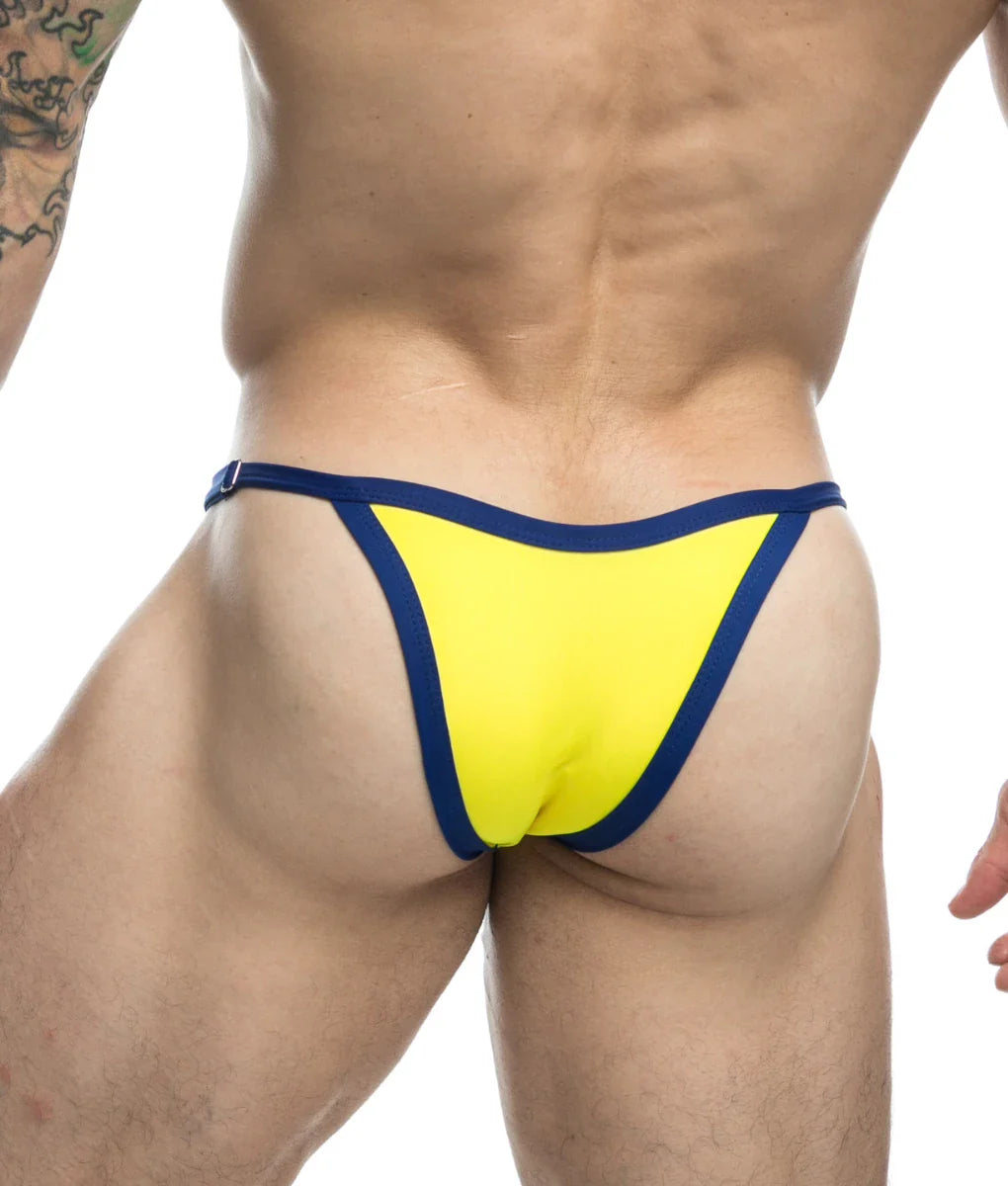Bright yellow thong bikini with navy blue trim from justin + simon one final sale collection