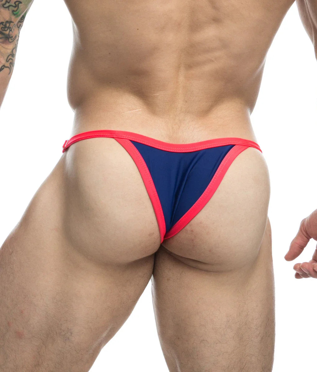 Justin and simon navy blue and neon pink thong with sleek form fitting design shown from the back side