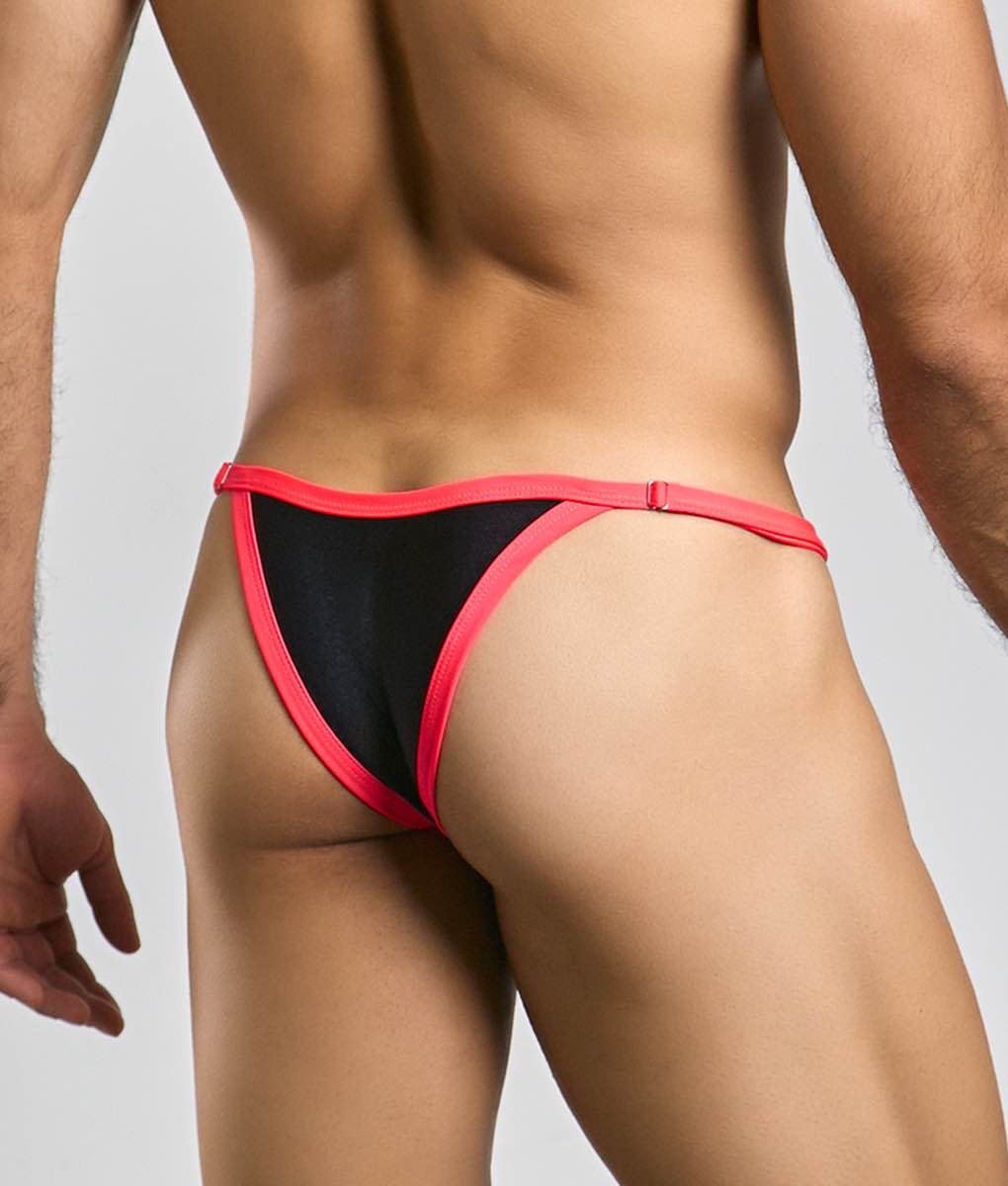 Justin + Simon bikini one black and pink thong with snug form-fitting design shown from the back side