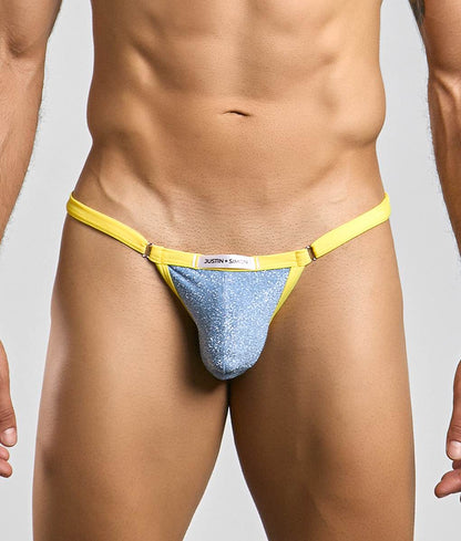 Bright yellow and shimmering blue glittery thong bikini with justin and simon brand label from justin and simon bikini one