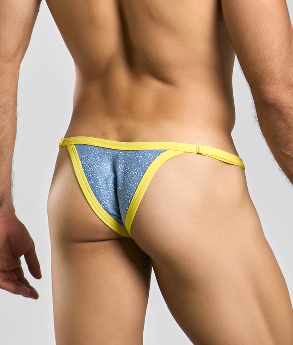 Blue glittery thong with bright yellow trim from the justin + simon bikini one collection