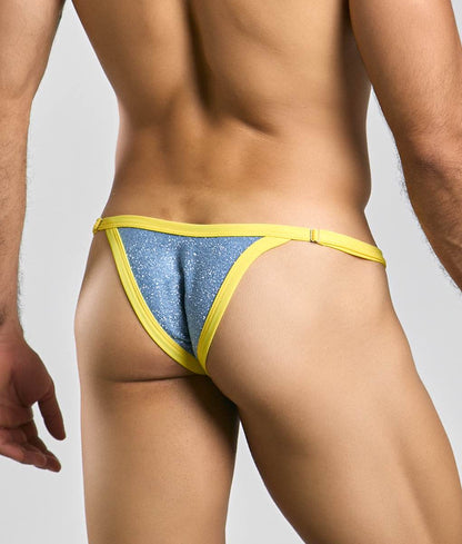 Blue glittery thong with bright yellow trim from the justin + simon bikini one collection