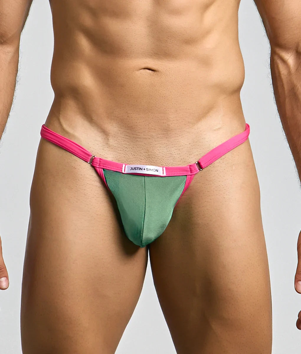 Bright pink and sage green justin and samson thong with sleek minimalist design in the justin plus simon bikini one collection