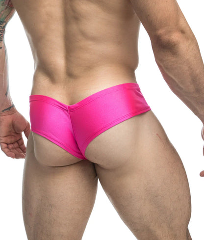 Vibrant pink satin briefs with a sleek form fitting design from justin + simon cheek final sale collection
