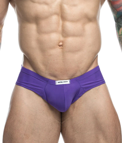 Purple Justin Simon cheek briefs with white brand tag at waistband designed for final sale comfort and style