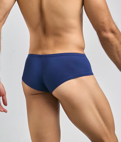 Navy blue Justin + Simon cheeky bulge boxer briefs with smooth form-fitting fabric and minimalist design