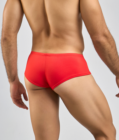 Justin + Simon cheeky bulge boxer bright red swim trunks with smooth elastic waistband and form-fitting design