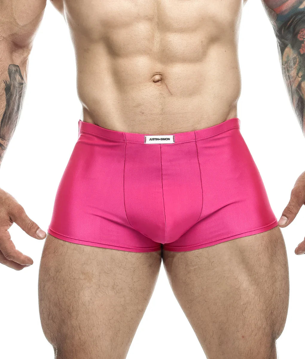 Vibrant pink shiny fabric briefs with justin simon label on waistband from justin simon classic boxer final sale