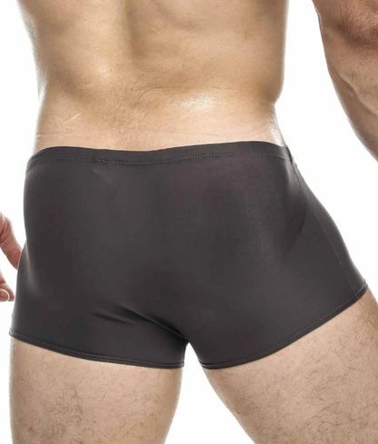 Black form-fitting swim trunks with a smooth glossy finish from justin + simon classic boxer final sale