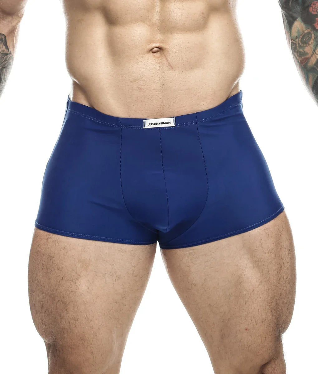 Blue men’s briefs with a white waistband label from justin simon classic boxer final sale collection