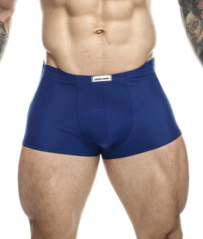 Blue men’s briefs with a white waistband label from justin simon classic boxer final sale collection
