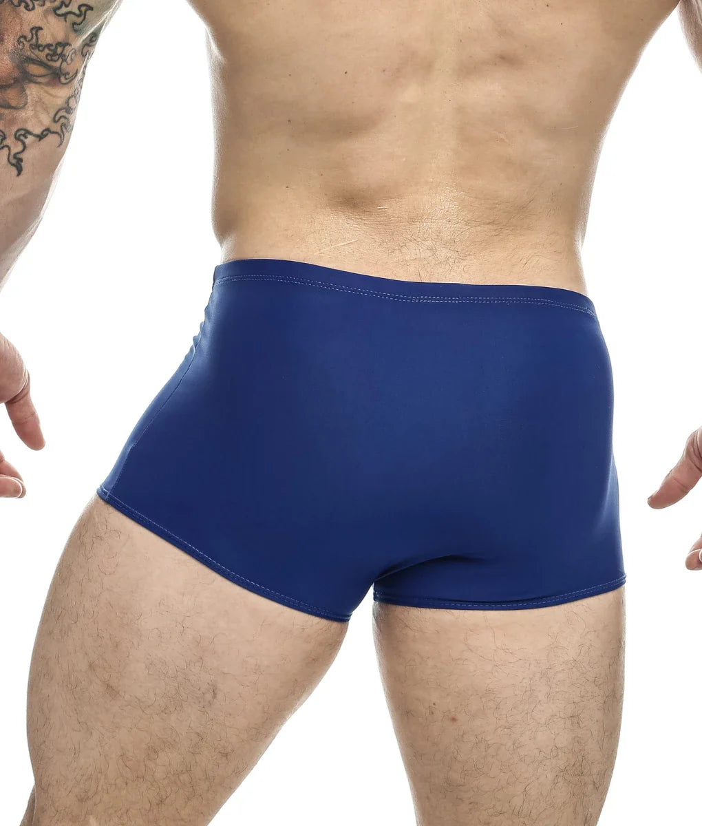 Justin and Simon classic boxer swim trunks in solid royal blue with smooth stretchy fabric and clean waistband stitching