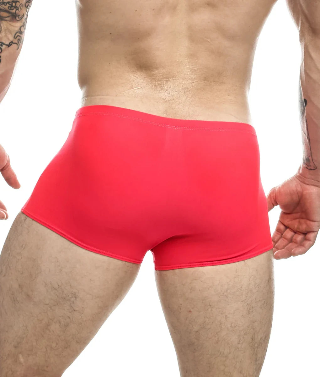 Bright red form-fitting classic boxer briefs by justin + simon made of smooth stretch fabric for comfortable wear