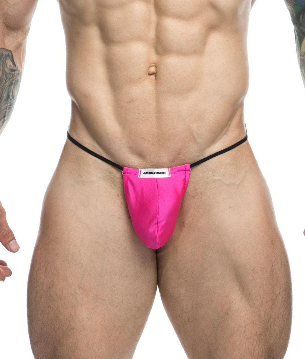 Vibrant pink satin thong with black elastic waistband and white Justin plus Simon label classic g-string final sale