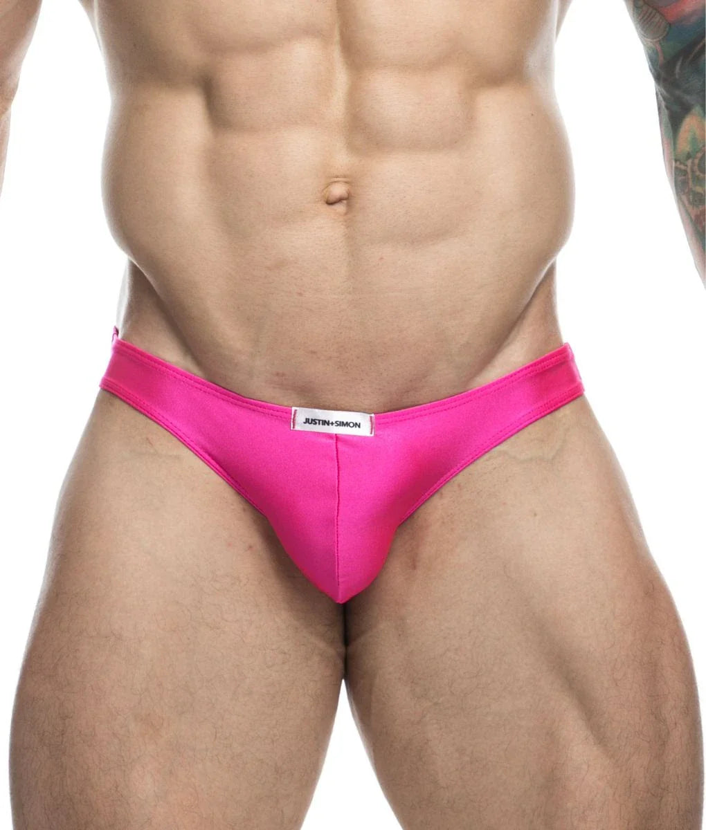 Bright pink sleek satin mens bikini briefs with justin simon white label at waistband for classic style